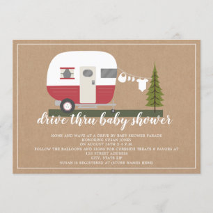 Invitation Drive Thru Baby shower Red Camper Woodland