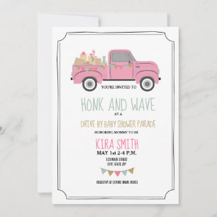 Invitation Drive Thru Baby shower Vintage Camion rose