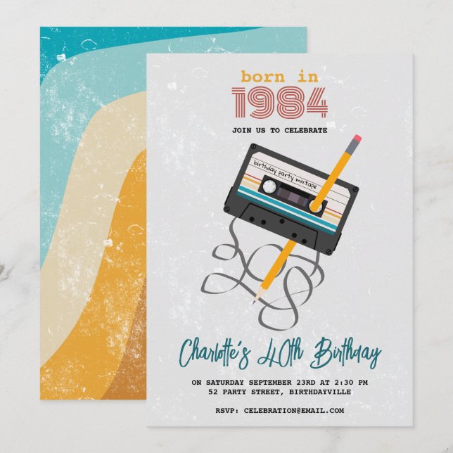 Invitation Drôle 80s Musique Retro Cassette Bande 40e anniver (Devant / Derrière)