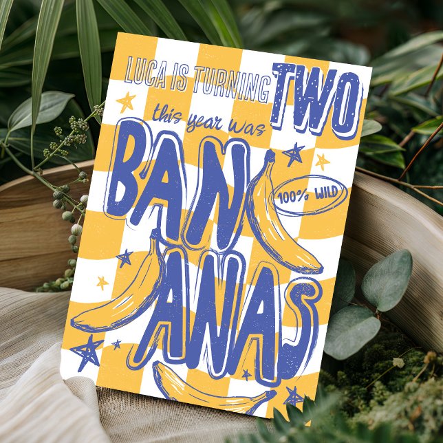 Invitation Drôle BANANE Moderne Anniversaire 2 Ans Singe à Ca (Funny This Year Was Bananas BANANA yellow blue checked cute monkey Boy 2nd Birthday Invitation)