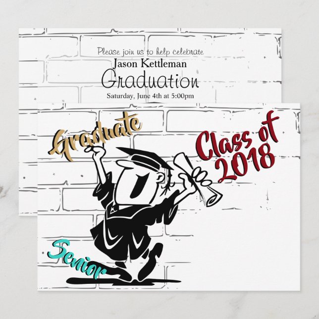 Invitation Drôle Cartoon Senior Homme 🎓 Graduate (Ajouter l' (Devant / Derrière)