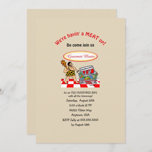 Invitation Drôle Caveman Vieux mode VIANDE au barbecue (Devant / Derrière)