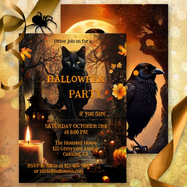 Invitation Drôle Chat et Raven Halloween Party (Halloween party invitation featuring a cute black cat in a  graveyard scene with a festive candle)