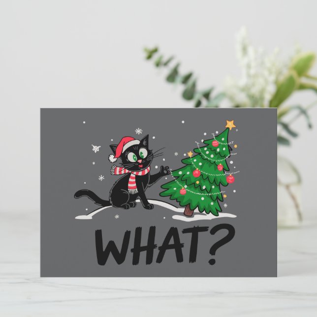 Invitation Drôle Chat Noir Poussant Arbre De Noël Chat Quoi ? (Debout devant)