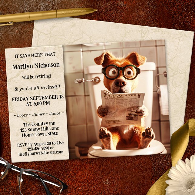 Invitation Drôle Chien Whimsical Retirement Party (Whimsical retirement party invitation featuring a funny dog on a toilet seat reading the newspaper)