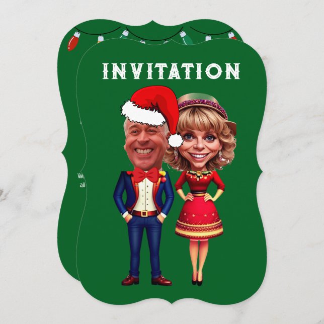 Invitation Drôle couple de caricature de Noël vert et rouge (Devant / Derrière)