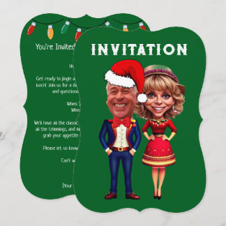 Invitation Drôle couple de caricature de Noël vert et rouge