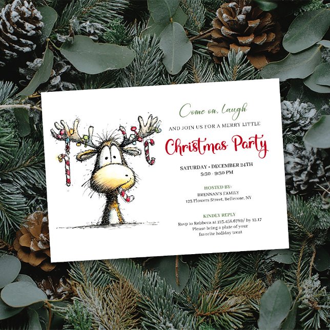 Invitation drôle de fête de Noël de renne de dessi (Funny cartoon reindeer Christmas party invitation

)
