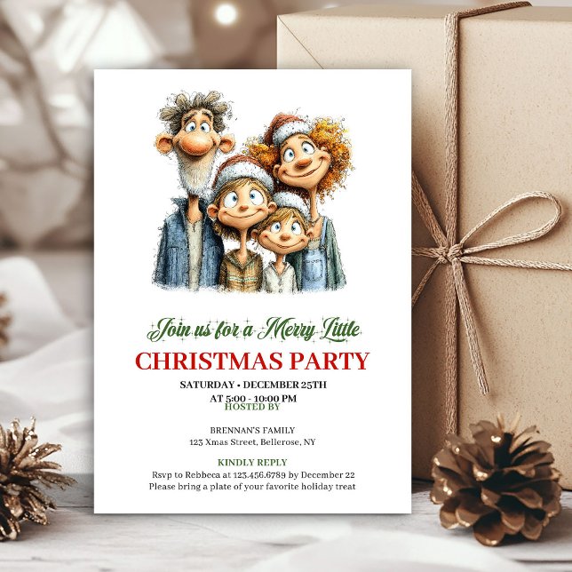 Invitation drôle de fête de Noël en famille rouge  (Funny Family Red Green Christmas Party Invitation)
