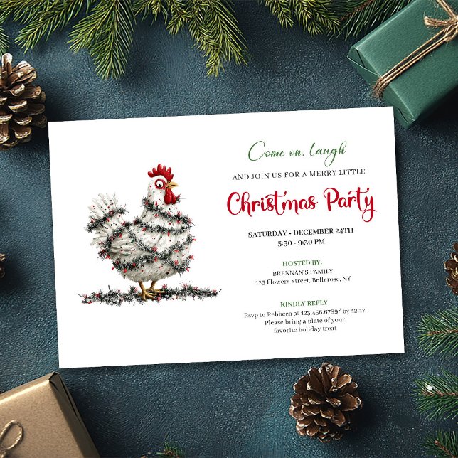 Invitation drôle de poulet à l'aquarelle rouge et  (Funny Watercolor Chickens Red Green Holiday Invite)