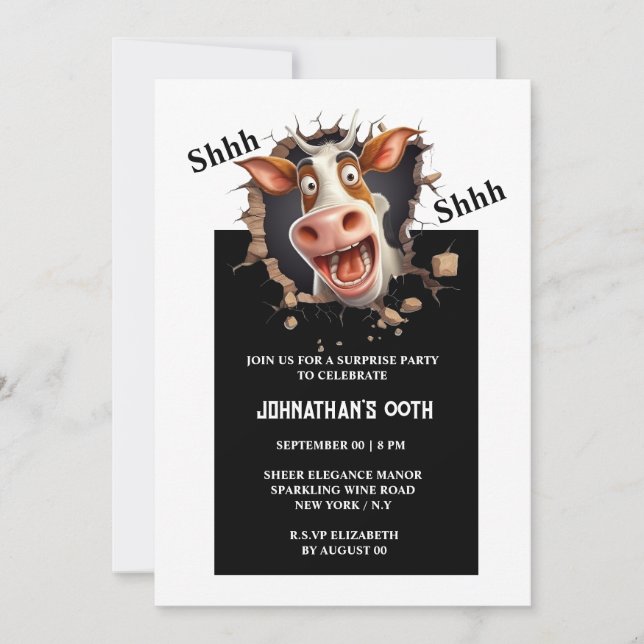 Invitation Drôle dessin animé vache visage surprise toute fêt (Devant)