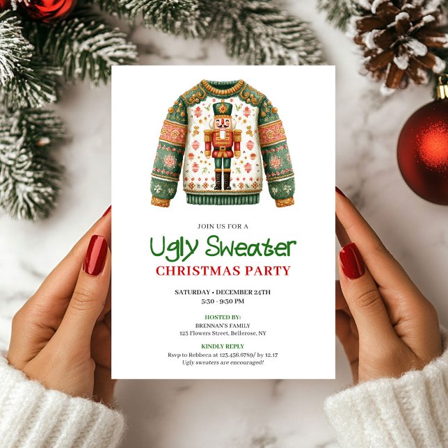 Invitation drôle et fantaisiste de Noël avec un pu (Whimsical Funny Ugly Sweater Xmas Invitation)