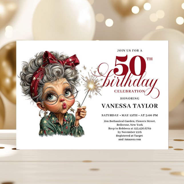 Invitation drôle et fantaisiste pour les 50 ans d' (Sparkling 50th party funny woman quirky invite)
