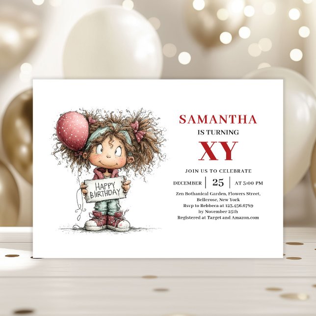 Invitation drôle et mignonne pour l'anniversaire d (Funny Cute Little Girl Quirky Birthday Invitation

)