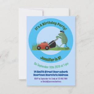 Invitation Drôle grenouille verte tondre la pelouse dessin