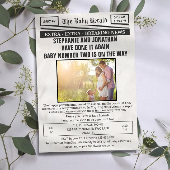 Invitation Drôle journal Vintage Photo 2nd Baby Sprinkle (Créateur téléchargé)