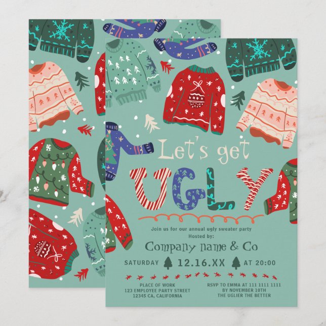 Invitation Drôle kitsch moche sweat vert entreprise Noël (Devant / Derrière)