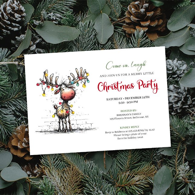 Invitation drôle moderne de fête de Noël de renne (Modern funny reindeer Christmas party invitation

)
