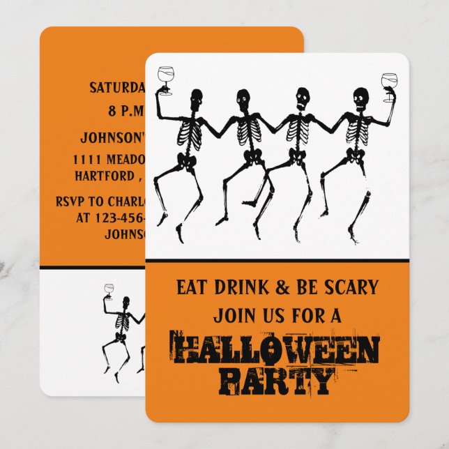 Invitation Drôle Orange & Black Dancing Skeleton Halloween (Devant / Derrière)