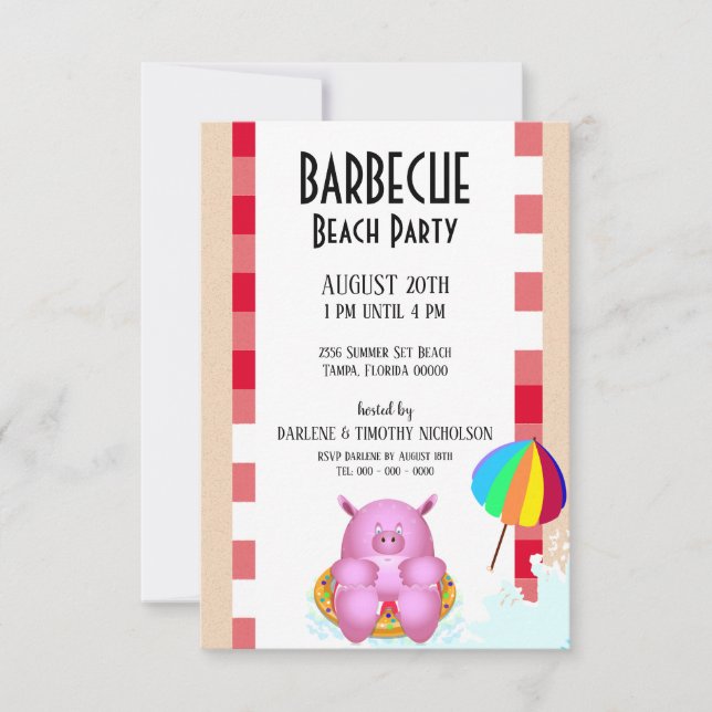 Invitation Drôle Pink Cartoon Cochon | Beach Pool Party (Devant)