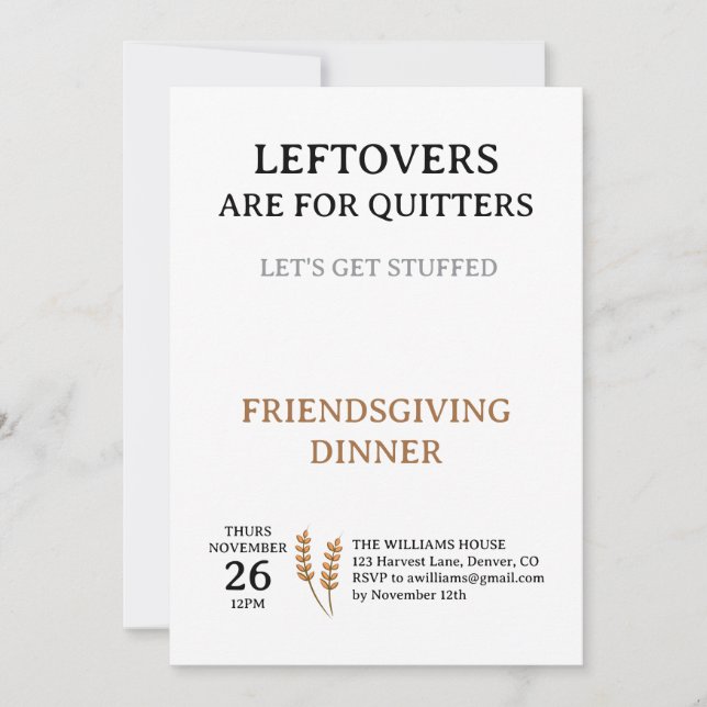 Invitation drôle pour le dîner de Thanksgiving (Devant)
