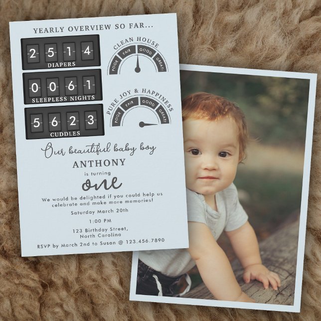 Invitation drôle pour le premier anniversaire d'un (Funny First Birthday Baby Boy Cute Stats Photo Invitation)