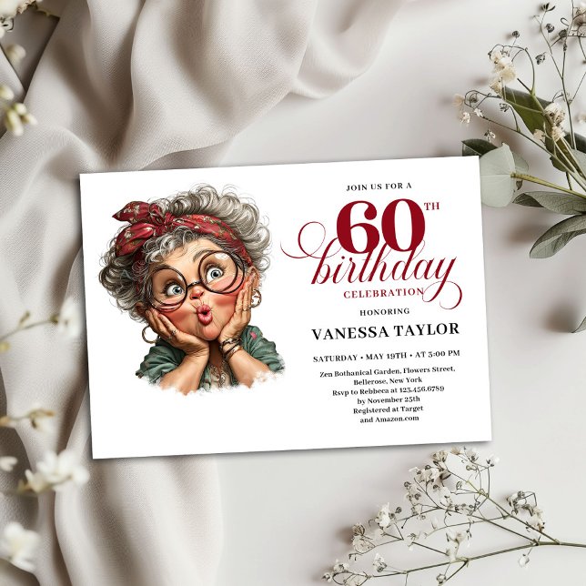 Invitation drôle pour un soixantième anniversaire, (Funny Sixty Birthday Invite Old Lady Party Design)