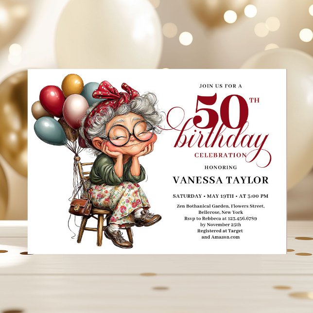 Invitation drôle pour une fête d'anniversaire de 5 (Playful 50 lady design funny birthday party invite)