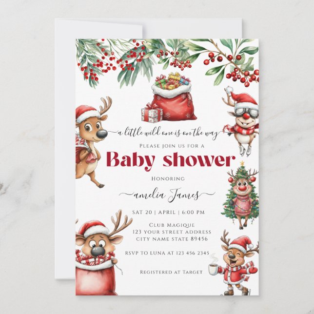 Invitation Drôle Quirky Christmas Reindeer baby shower (Devant)
