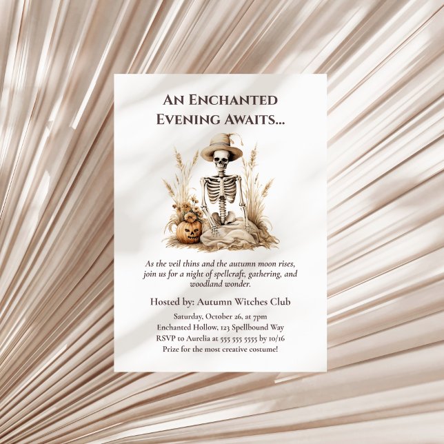 Invitation Drôle Skeleton d'automne - Rassemblement d'automne (Funny Autumn Skeleton – Witchy Fall Gathering Invitation on a neutral dry palm leaf)