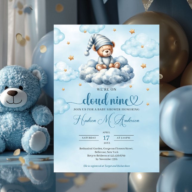 Invitation Drôle sommeil nuage d'ours en peluche neuf Baby sh (blue and gold we're on cloud nine boy baby shower invitation)