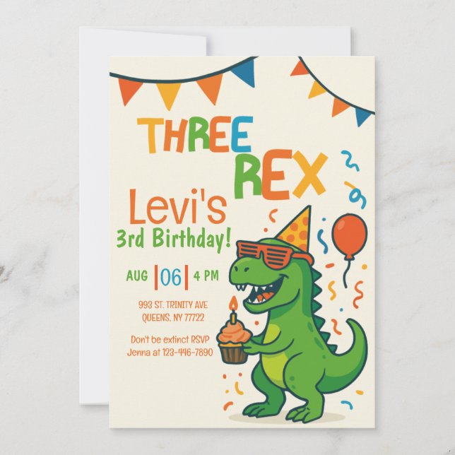 Invitation drôle Trois Rex 3ème Dinosaure Anniversaire (Devant)