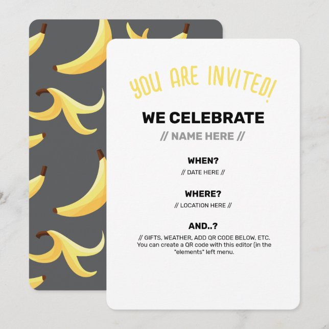 Invitation Drôles de faveurs de fête à la banane rétro avec j (Devant / Derrière)