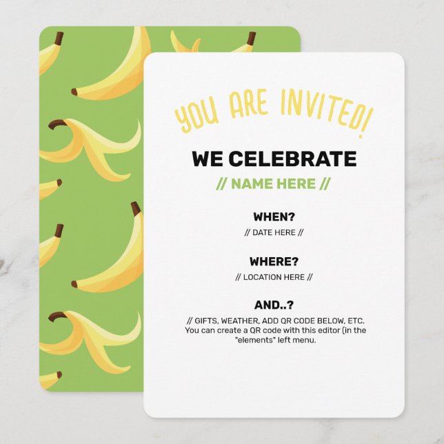 Invitation Drôles de faveurs de fête à la banane rétro avec j (Devant / Derrière)