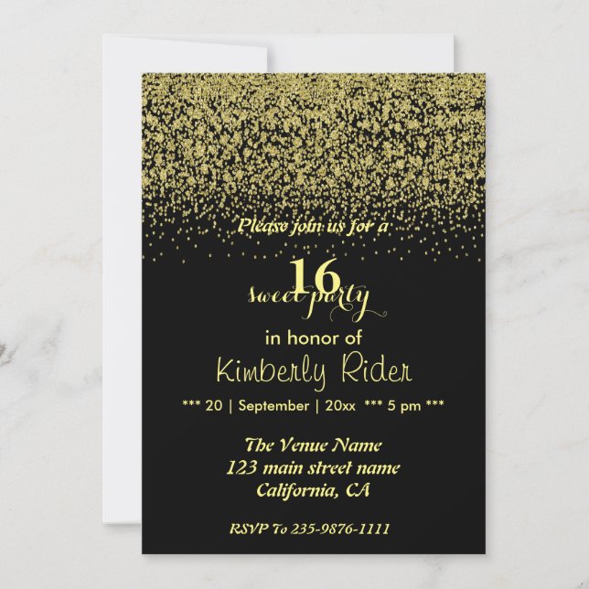 Invitation Dropping Gold Parties scintillant Sweet 16 Anniver (Devant)