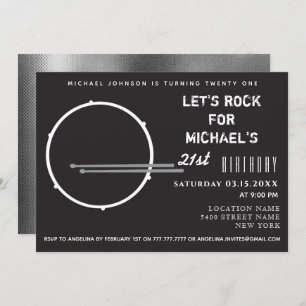 Invitation Drummer 21e anniversaire , Drum Cool noir et blanc