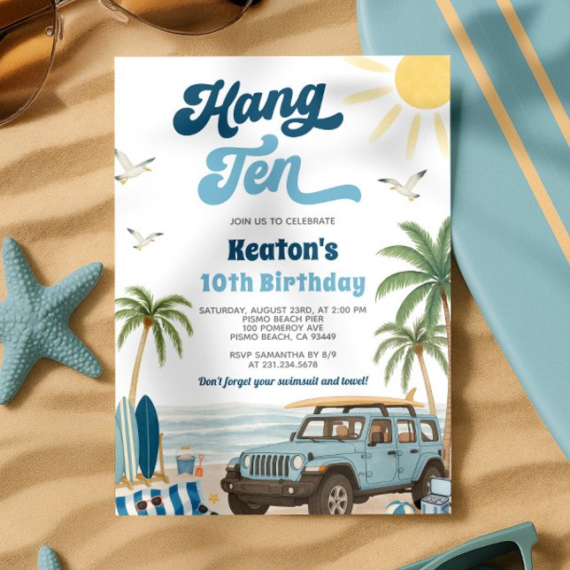 Invitation du 10e anniversaire de surf - Hang Ten (Surfing 10th Birthday Invitation - Hang Ten)