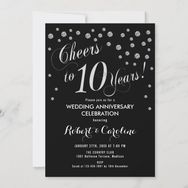 Invitation du 10e anniversaire en noir et argent (Devant)