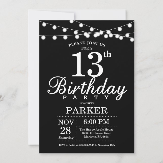 Invitation du 13e anniversaire Noir et blanc (Devant)