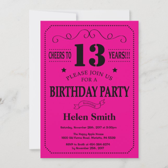 Invitation du 13e anniversaire Noir et rose chaud (Devant)