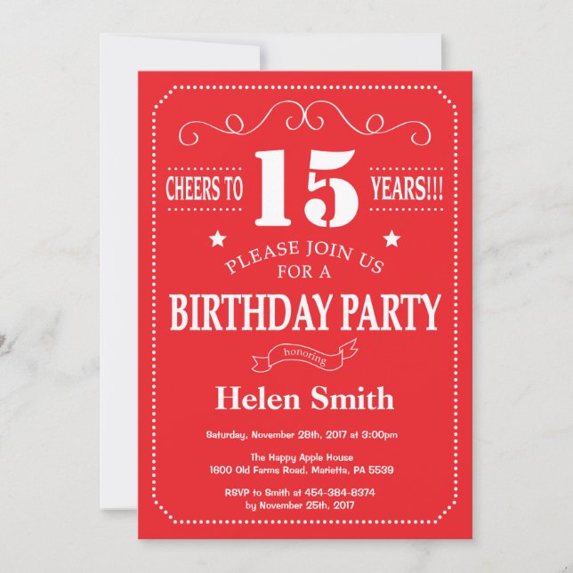 Invitation du 15e anniversaire Rouge et blanc (Devant)