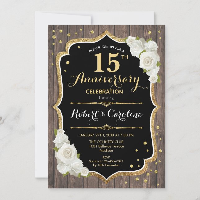 Invitation du 15e anniversaire - Rustic Wood Gold (Devant)