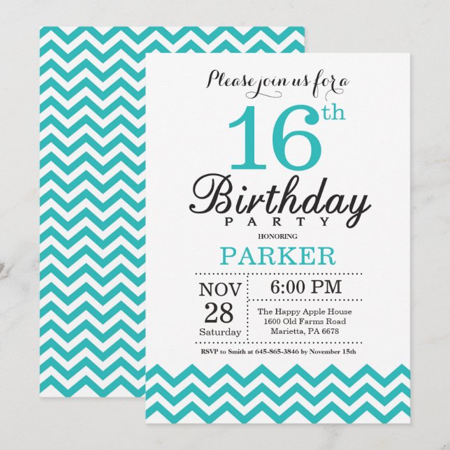 Invitation du 16e anniversaire Turquoise Chevron (Devant / Derrière)
