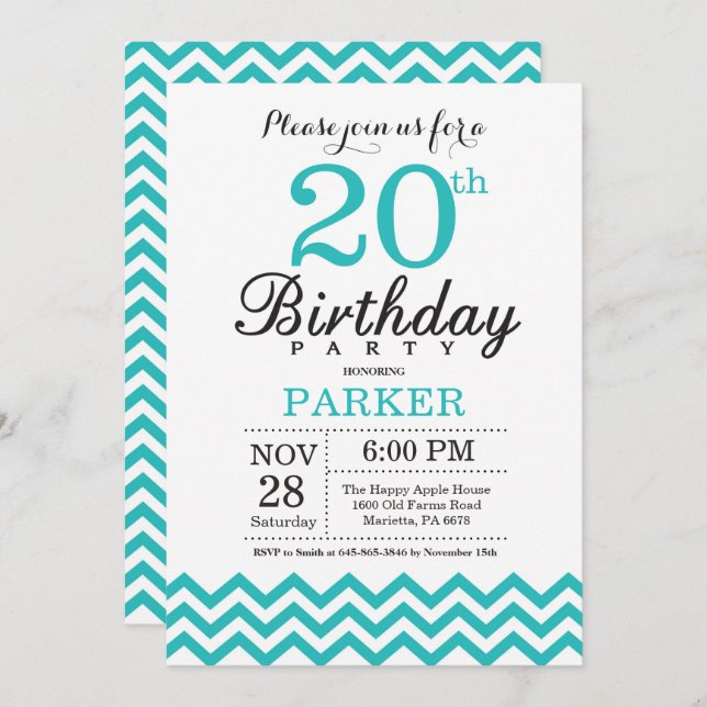 Invitation du 20e anniversaire Turquoise Chevron (Devant / Derrière)