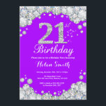 Invitation du 21e anniversaire Diamant violet et a<br><div class="desc">Invitation du 21e anniversaire. Diamant de strass violet et argenté. Élégant invitation de Bassorh Anniversaire. Anniversaire adulte. Femmes Anniversaire. Hommes Anniversaire. Pour plus de personnalisation,  cliquez sur le bouton "Customiser" et utilisez notre outil de conception pour modifier ce modèle.</div>
