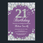 Invitation du 21e anniversaire Diamant violet et a<br><div class="desc">Invitation du 21e anniversaire. Diamant de strass violet et argenté. Élégant invitation de Bassorh Anniversaire. Anniversaire adulte. Femmes Anniversaire. Hommes Anniversaire. Pour plus de personnalisation,  cliquez sur le bouton "Customiser" et utilisez notre outil de conception pour modifier ce modèle.</div>
