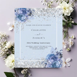 Invitation du 25e anniversaire Blue florals argent