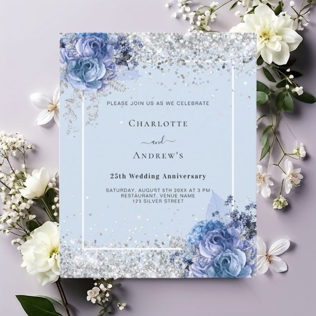 Invitation du 25e anniversaire Blue florals argent (Créateur téléchargé)
