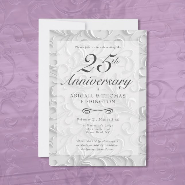 Invitation du 25e anniversaire du Mariage (Silver Swirls (Damask) 25th Wedding Anniversary Invitation)