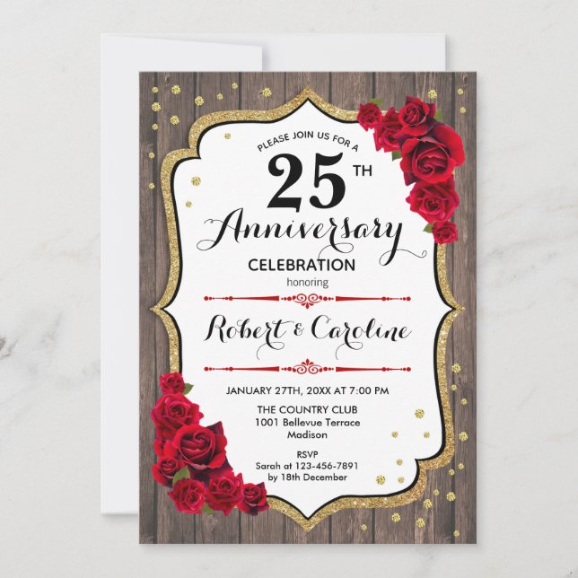 Invitation du 25e anniversaire - Wood Gold Red (Devant)